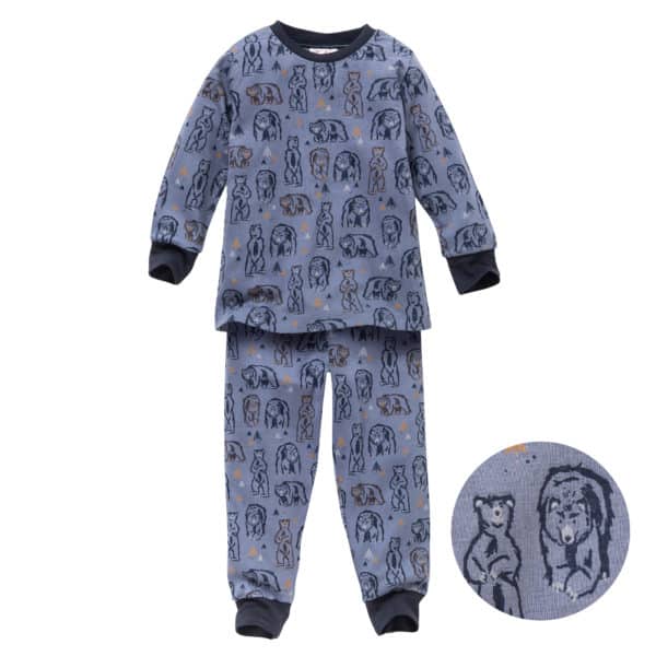 Pololo People Wear Organic Langarm-Pyjama “Grizzlybär”, blau/bedruckt, Baumwolle (Bio)