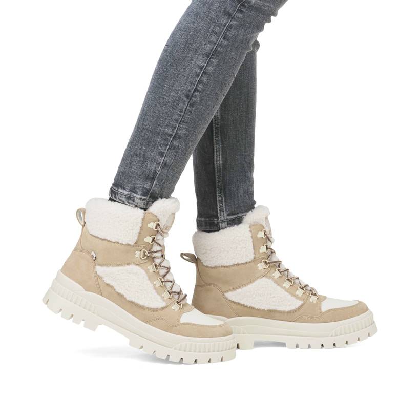 Rieker Artikelnummer W2173-62 Rieker Damen Schnürstiefel sandbeige-cremeweiß 50% Rabatt für begrenzte Zeit