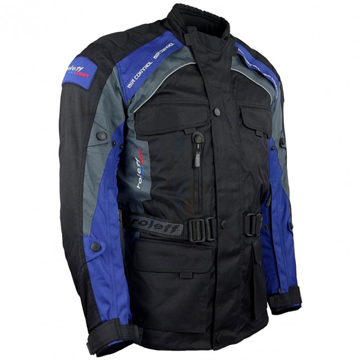 Roleff RO783 - Motorradjacke mit Wind-Tex® Klimamembrane - Belüftung - CE Protektoren - Schwarz / Blau Verkauf