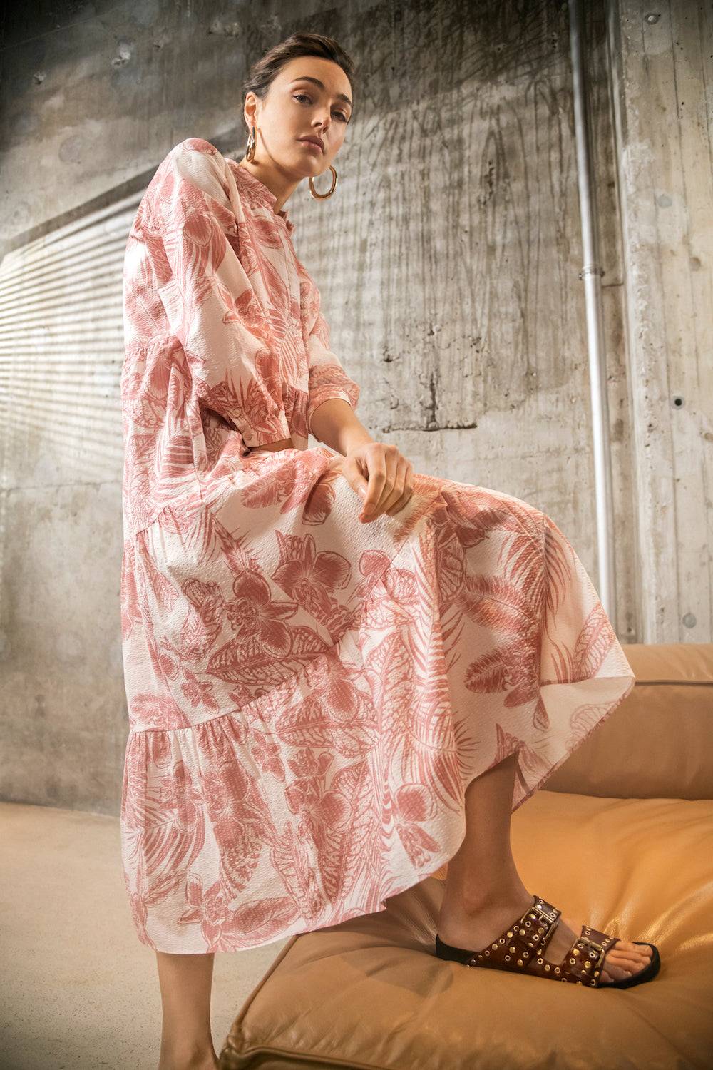 Spoon Golf Printed Cotton Flared Volant Dress with Button Tape